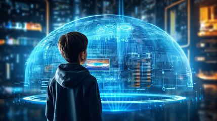 young boy child, research and technology, abstract fictional scene, holographic displays