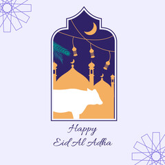 islamic eid al adha sacrificial day greeting card with ornamental arabic frame with sacrificial cow