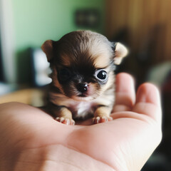 A small brown and black puppy sitting on top of a person's hand Generative Ai