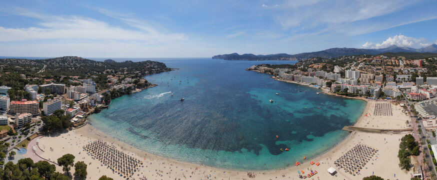 Panoramic view of Santa Ponsa in  Majorca island. Beautiful scene of the seacost with a blue sea and Mediterranean landscape	