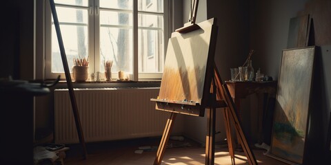 An artist easel set up in a sunlit room, with paintbrushes and a blank canvas ready for inspiration, concept of Creative potential, created with Generative AI technology - obrazy, fototapety, plakaty