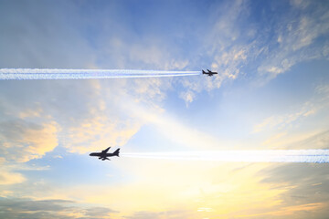 Fototapeta premium airplane in the sky clouds watercolor background, travel freedom