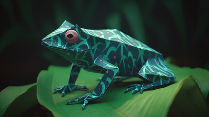 Tropikalna żaba origami - ochrona lasów i dżungli - ochrona środowiska - Tropical origami frog - forest and jungle conservation - environmental protection - AI Generated - obrazy, fototapety, plakaty