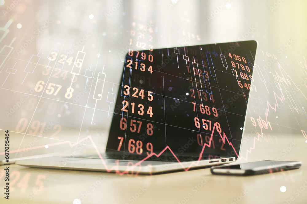 Poster multi exposure of abstract statistics data hologram interface on computer background, computing and 