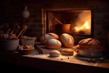 Foto op Plexiglas bake bread in front oven and stuff food photography © MeyKitchen