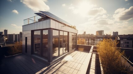 Fototapeta premium Modern house with solar panels on the rooftop with sunset on the background. Generative AI