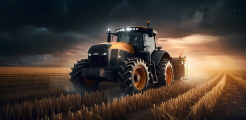 Fototapeta premium Sunset in the countryside. Tractor on a large field, creating beds to sow seeds into purified soil. The agricultural vehicle. Generative Ai.