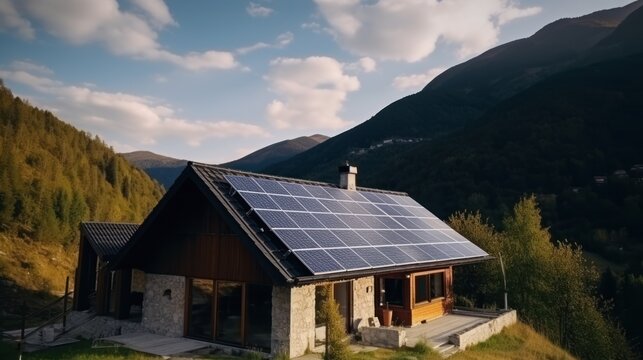 eco-friendly house with solar panels on the roof surrounded by green nature. Generative AI