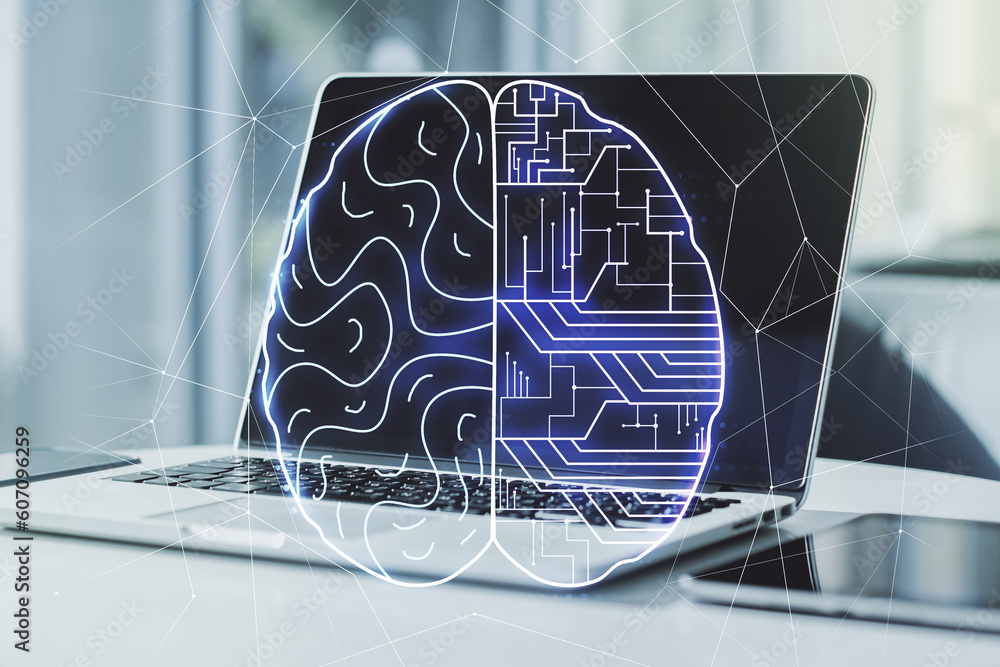 Aufkleber double exposure of creative human brain microcircuit with computer on background. future technology 