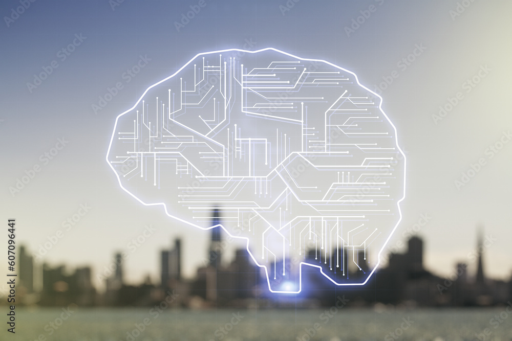 Poster double exposure of creative artificial intelligence interface on blurry cityscape background. neural