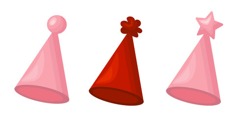 Birthday caps red and pink hat set. Hat for party celebration. Vector cartoon illustration.