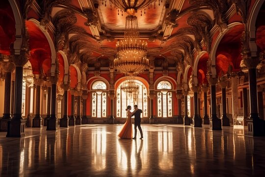 The ballroom in classic style. 3D style. Mexico and Latin America Ballroom space for dancing classes or wedding. Generative Ai.