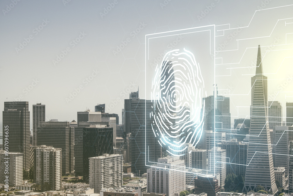 Poster Multi exposure of virtual fingerprint scan interface on San Francisco office buildings background, digital access concept