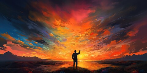 A surreal image of a person painting a vibrant sunset onto the sky, illustrating the power of creativity and imagination, concept of Unleashed inventiveness, created with Generative AI technology