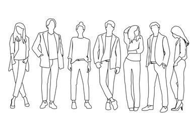 Fototapeta na wymiar Vector silhouettes of men and a women, a group of standing business people, linear sketch, black and white color isolated on white background