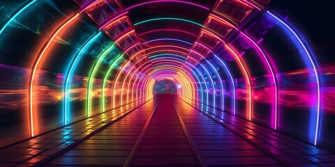Illustration of neon rainbow tunnel. Level design. Retro wave. Retrofuturism sci-fi game scene. Warp tube. Generative ai.