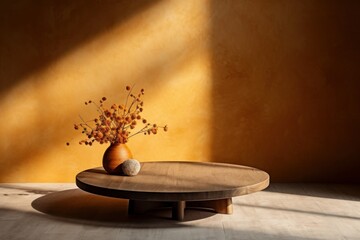 Wooden round table with vase of dried flowers on the background of orange wall, generative Ai