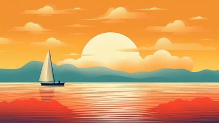 Fototapeta premium Sailing yacht on the sea at sunset. Digital illustration in a flat style, generative Ai