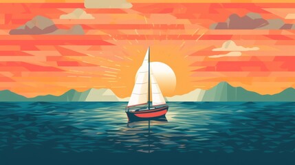 Naklejka premium Sailing boat on the sea at sunset. Digital illustration in flat style, generative Ai