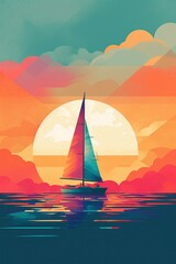 Naklejka premium Sailing boat in the sea at sunset. Digital illustration for your design, generative Ai