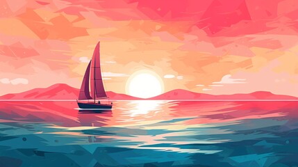 Naklejka premium Sailing yacht on the sea at sunset. Digital illustration in a flat style, generative Ai