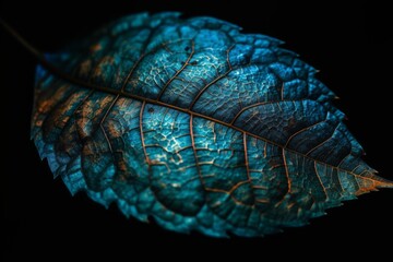 Macro close up of a blue leaf with veins on a black background, generative Ai