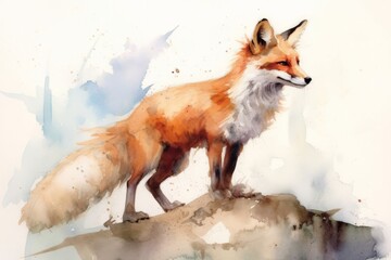 Watercolor painting of a red fox on a white background. Digital painting, generative Ai
