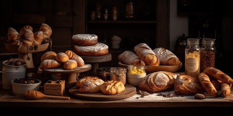 A rustic, artisanal bakery display, featuring freshly baked bread and pastries, celebrating the craft of baking, concept of Craftsmanship, created with Generative AI technology
