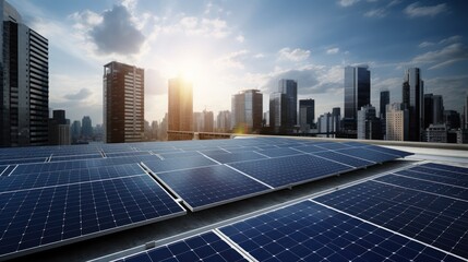 photovoltaic panels on sunset front of the big city. Generative AI