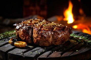 Grilled beef steak with rosemary and tomatoes on a wooden board, generative Ai