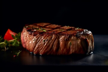 Grilled beef steak with herbs and tomato on a black background, generative Ai