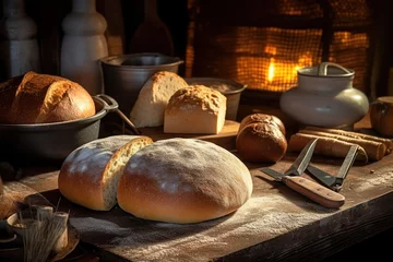Papier Peint photo Lavable Pain bake bread in front oven and stuff food photography