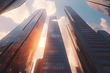 Low angle view of skyscrapers at sunset, generative Ai