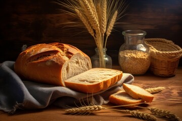 Bread and wheat ears on a wooden background, generative Ai