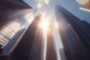 Fototapeta na wymiar Low angle view of skyscrapers with sunlight, generative Ai
