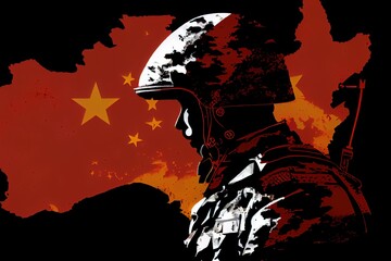 silhouette of a china army with china flag background - obrazy, fototapety, plakaty