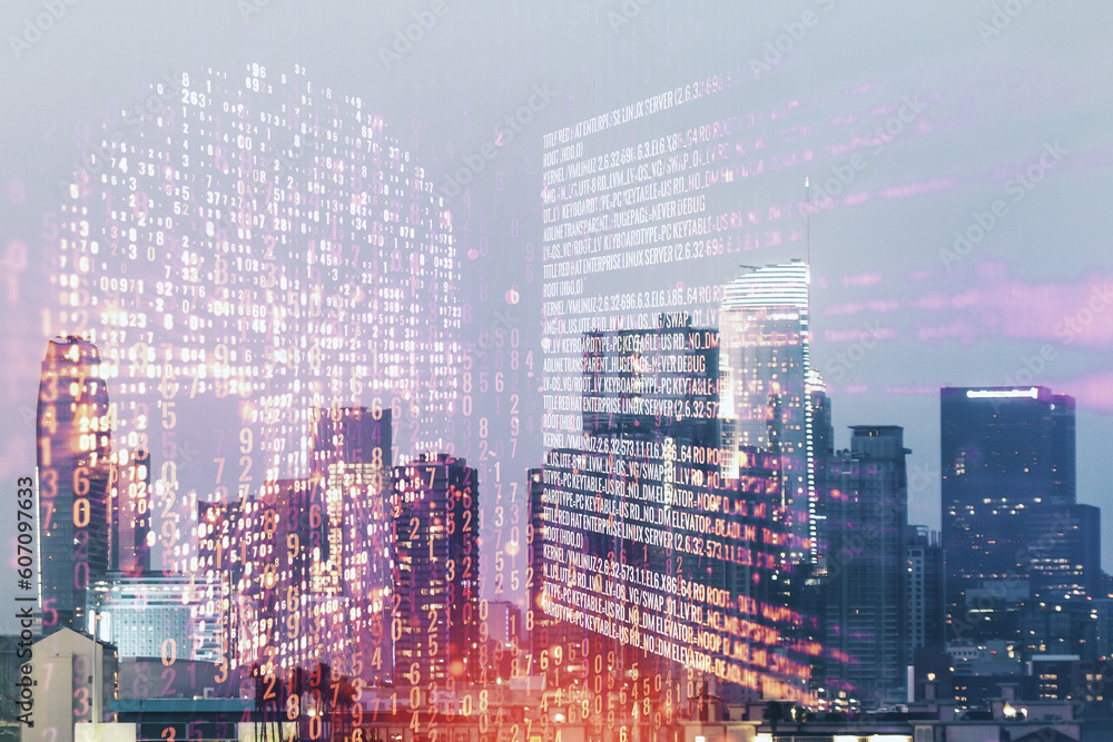 Poster double exposure of abstract virtual creative code skull hologram on los angeles city skyscrapers bac