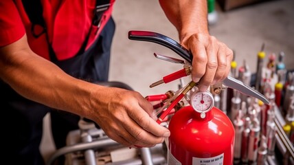 Engineer checking pressure of fire extinguisher  Generative AI