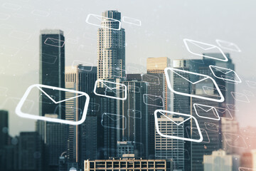 Abstract virtual postal envelopes illustration on Los Angeles skyline background. Email and communications concept. Multiexposure