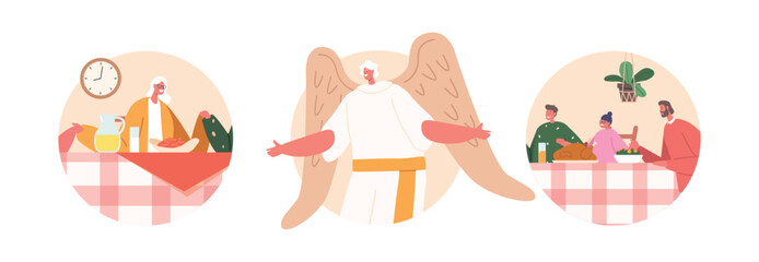 Family Around Table and Angel Isolated Round Icon or Avatars. Characters Offer Prayer Of Gratitude, Vector Illustration