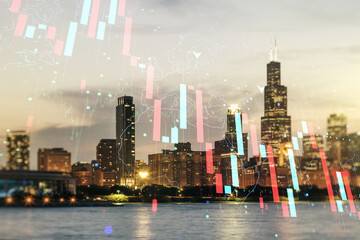 Economic crisis chart and world map hologram on Chicago cityscape background, bankruptcy and recession concept. Multiexposure