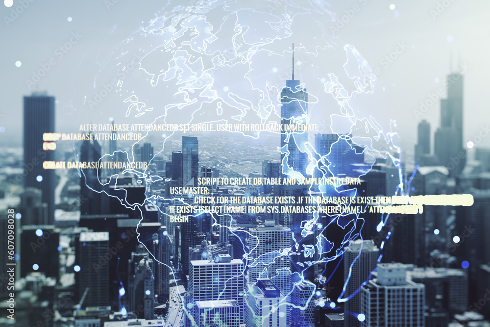 Poster multi exposure of abstract graphic coding sketch and world map on chicago cityscape background, big 