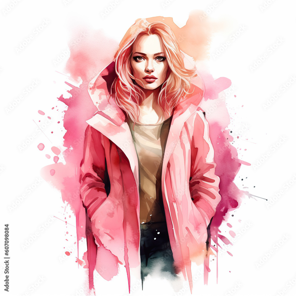 Wall mural Beautiful woman in pink, watercolor fashion illustration 