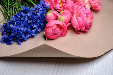 Bouquet of stylish peonies close-up. Pink peony flowers. Close-up of flower petals. Floral greeting card or wallpaper. Delicate abstract floral pastel background. Card Concept, copy space for text