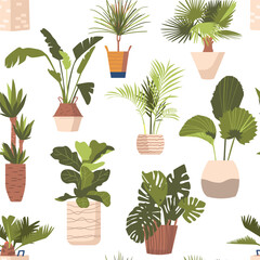 Potted Plants Seamless Pattern. Charming Design Featuring A Variety Of Tropical Flowers In Pots, Vector Illustration