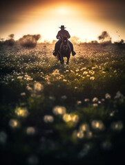 A cowboy is riding a horse in a spring field. The sunlight from behind casts a shadow on the cowboy. View from afar with center focus and surrounding bokeh.