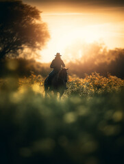 A cowboy is riding a horse in a spring field. The sunlight from behind casts a shadow on the cowboy. View from afar with center focus and surrounding bokeh.
