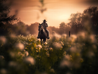 Fototapeta na wymiar A cowboy is riding a horse in a spring field. The sunlight from behind casts a shadow on the cowboy. View from afar with center focus and surrounding bokeh.