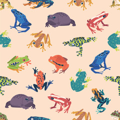 Vibrant Seamless Pattern Featuring Exotic Frogs In Variety Colors, Patterns And Poses. Playful Tile Background
