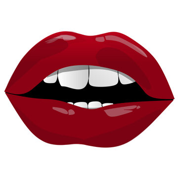 Sexy Red lips close up isolated on transparent background png,svg, vector icon download |smiling open mouth of a girl with painted cherry red big lips , white teeth  clip art illustration icon sticker